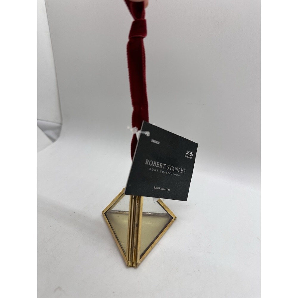 Robert Stanley Glass‎ Pyramid Mirror Box Ornament Gold Geometric Velvet Ribbon